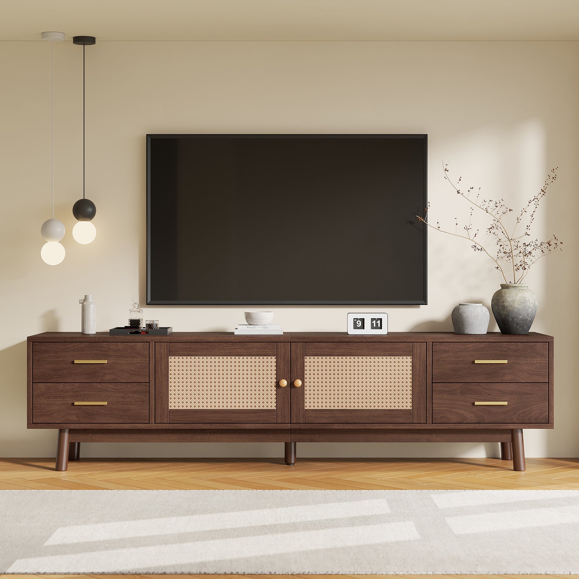 70-Inch Modern TV Stand with Rattan Doors