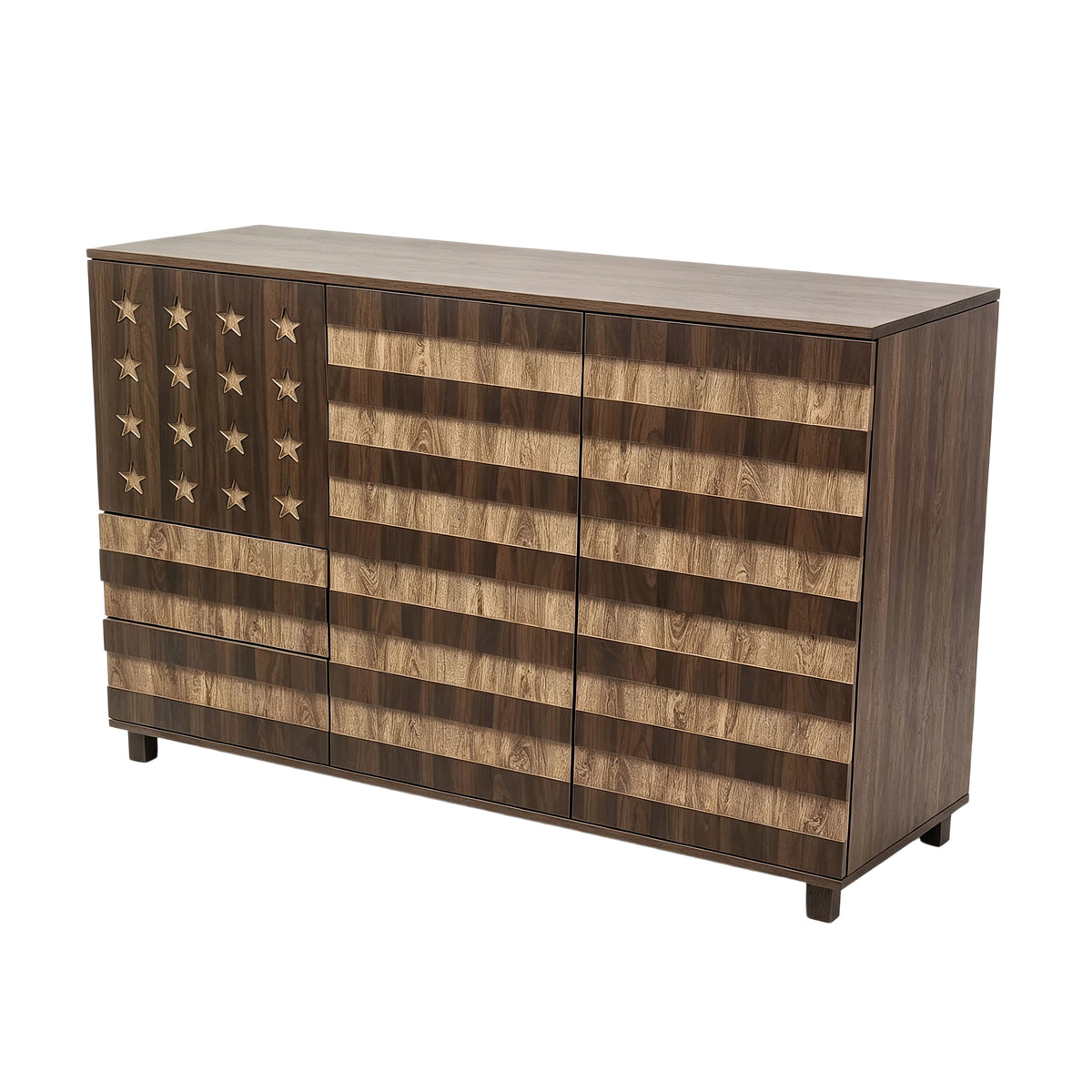 55-Inch Two-Tone Wood Sideboard Buffet Cabinet, Star-Cutout Design, Natural Walnut