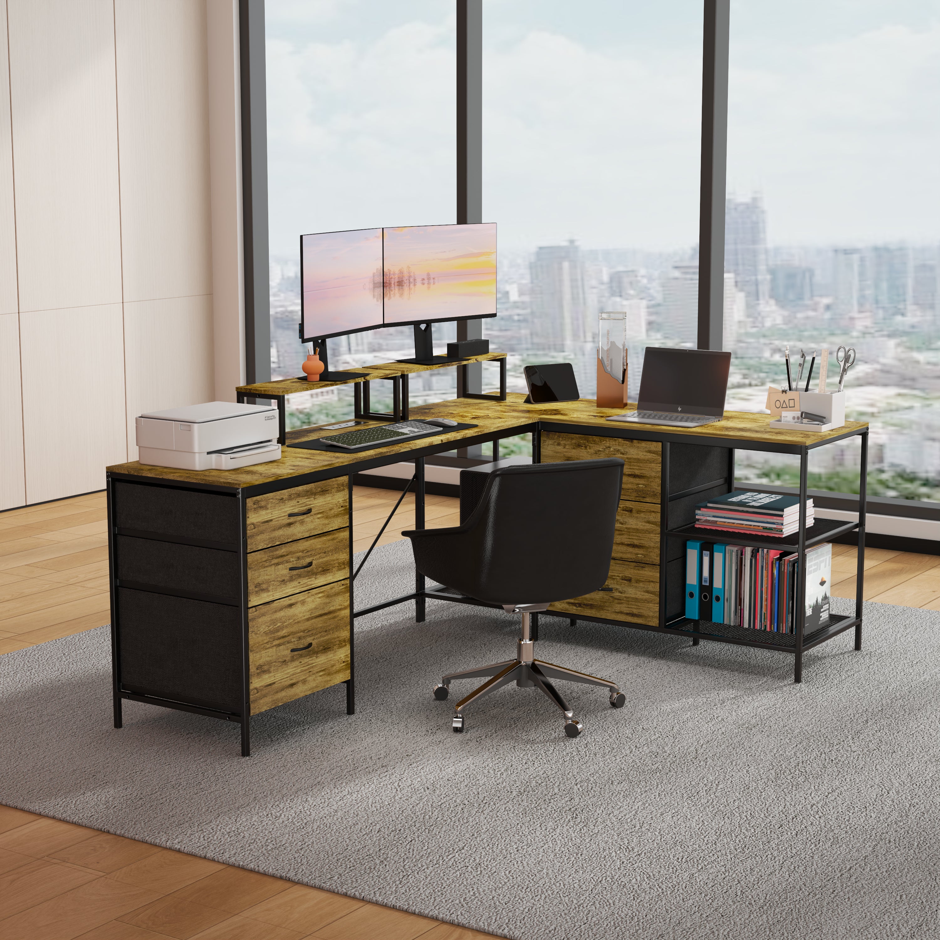 114" L-Shaped Desk with Power Hub, Industrial Design
