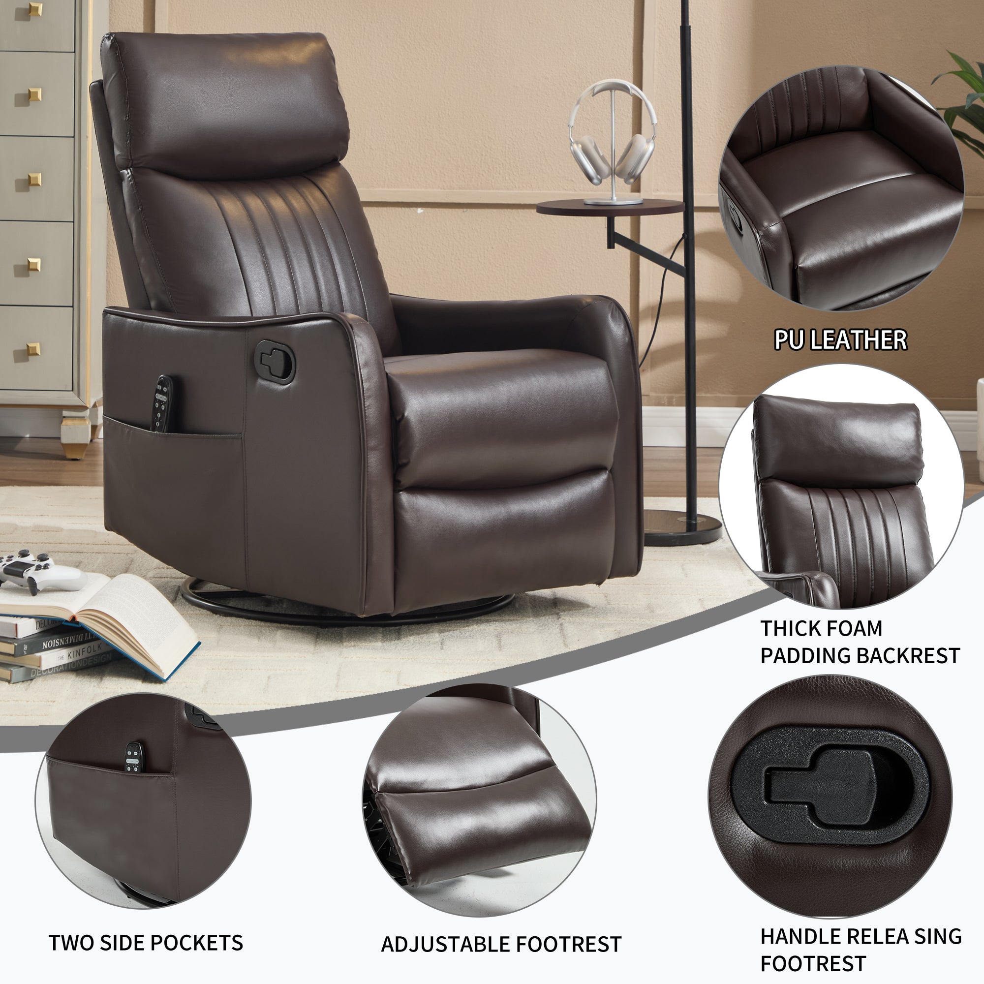 Brown Faux Leather Heat Massage Manual Recliner Chair