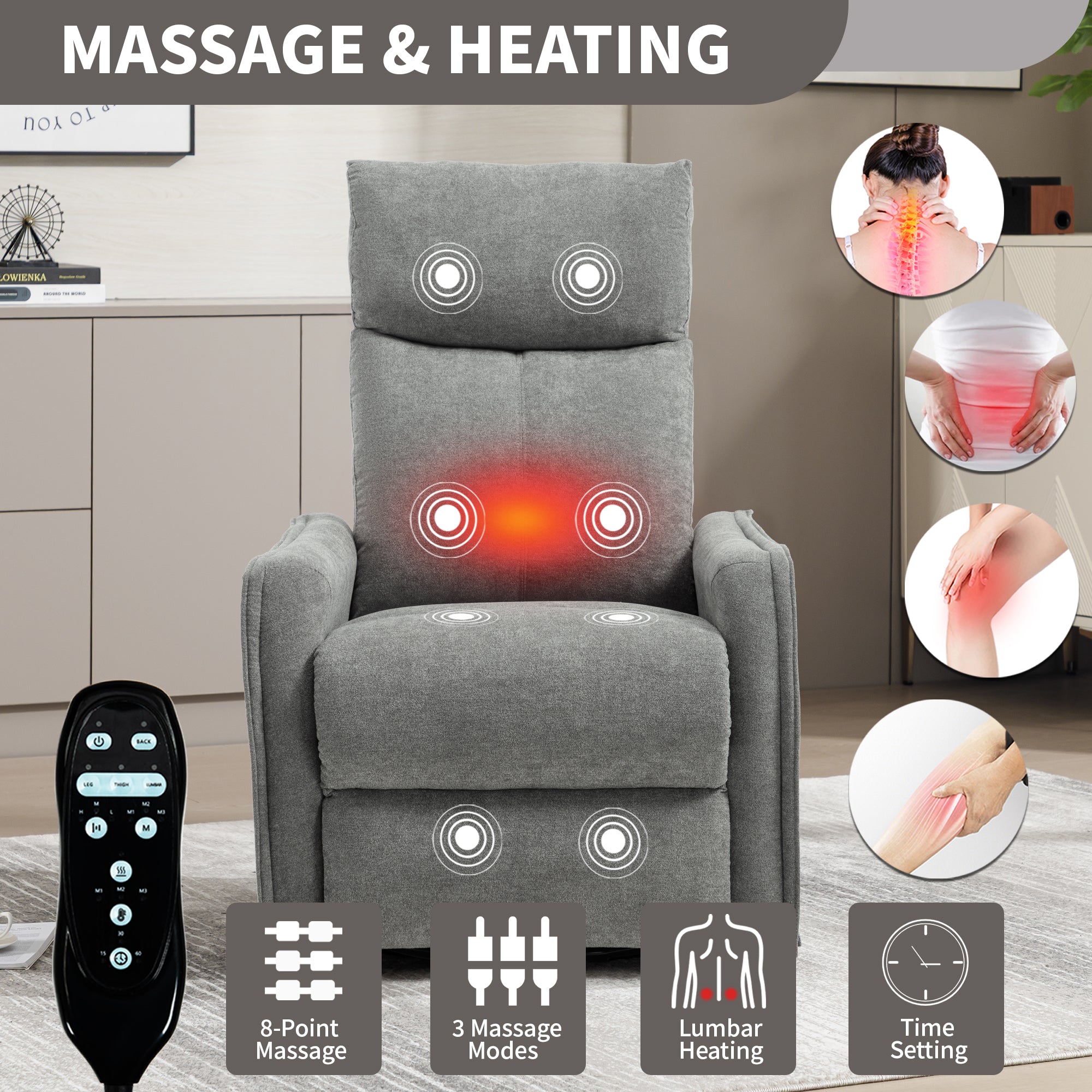 Heat Massage Manual Recliner Chair with Rocker and Swivel in Fabric