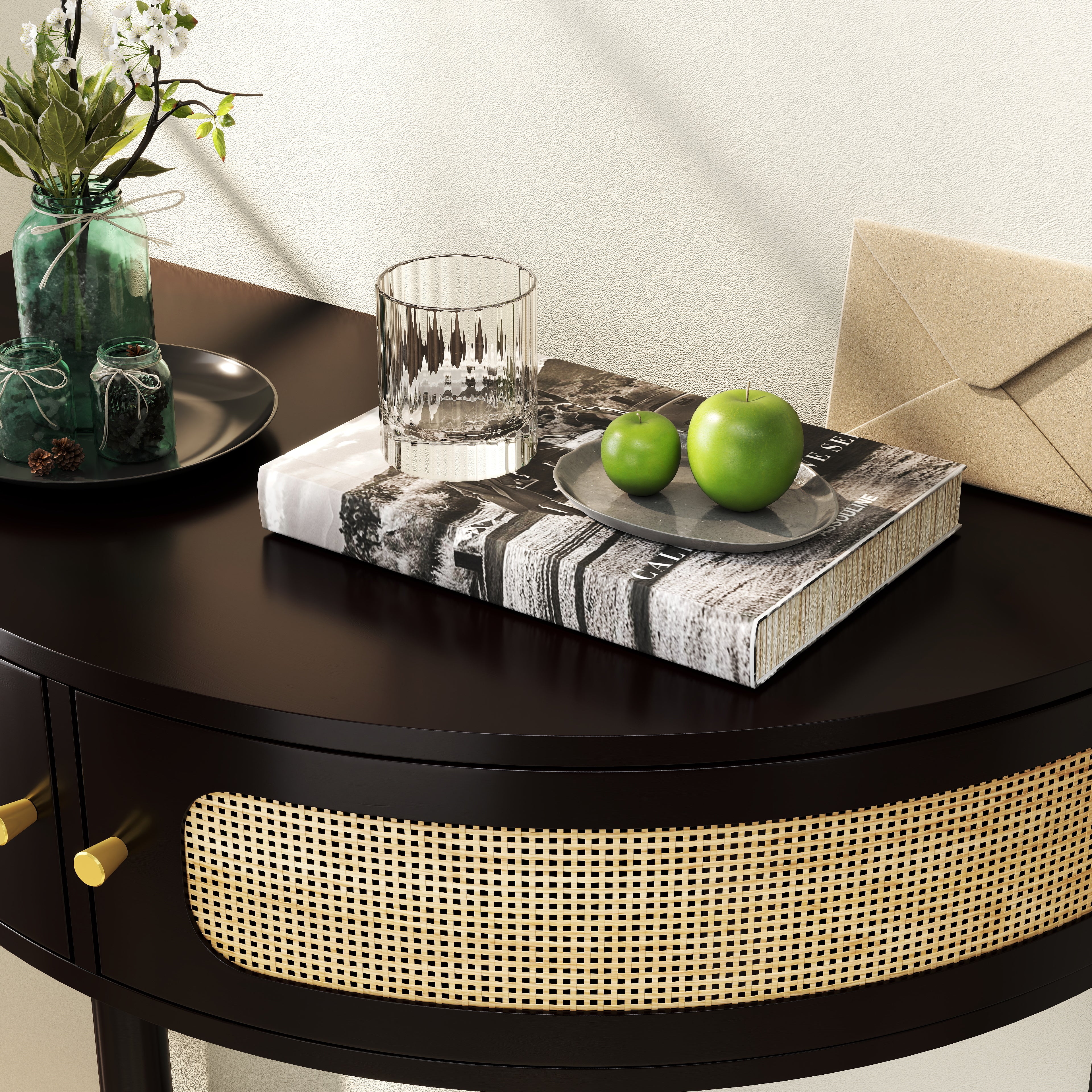 Unique Half Moon Design End Table with Sliding Rattan Door