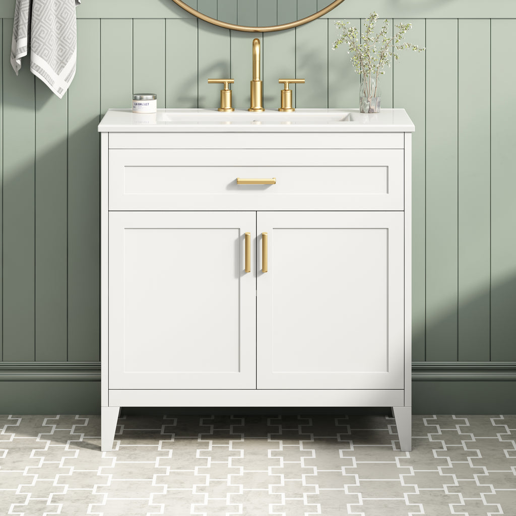 30-Inch Bathroom Vanity with Ceramic Sink, Soft-Close Doors, White