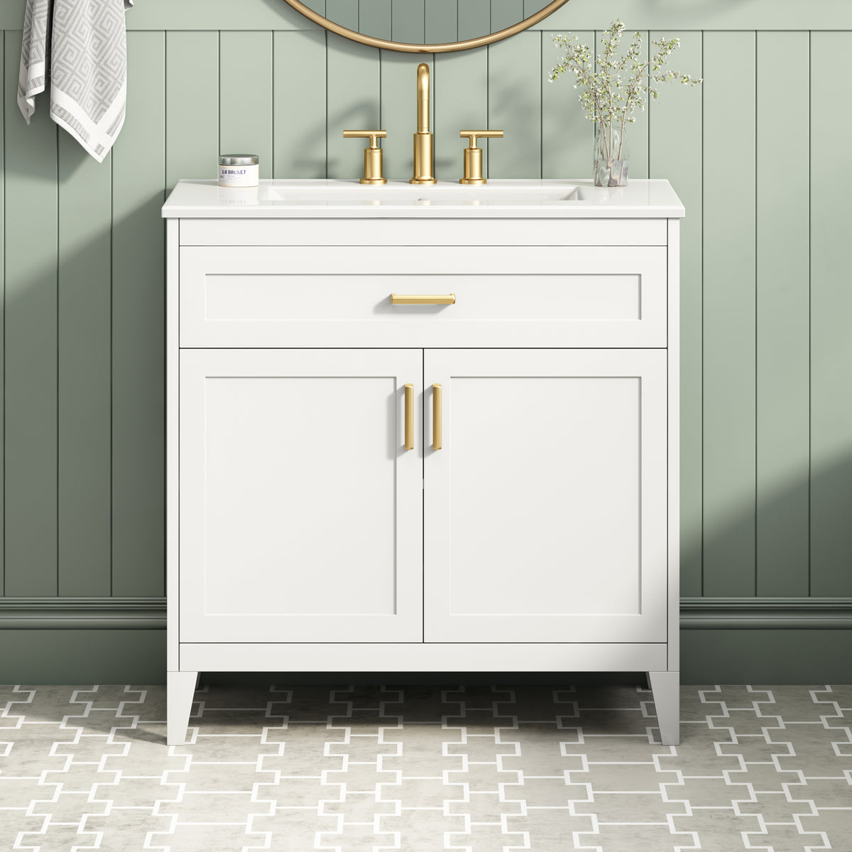 30-Inch Bathroom Vanity with Ceramic Sink, Soft-Close Doors, White