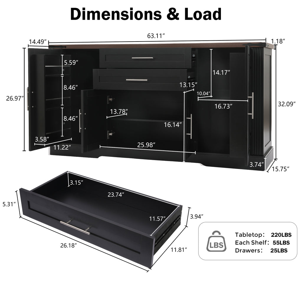 63" Farmhouse Barn Door Storage Cabinet with 2 Drawers & Door Rack