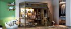 Wood Twin Size Loft Bed with Built-in Desk, LED, Storage Shelves, Cabinets and Staircase