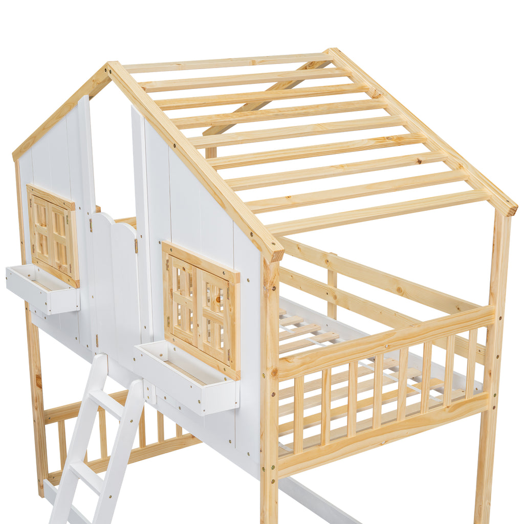 Twin Over Twin House Bunk Bed with Roof