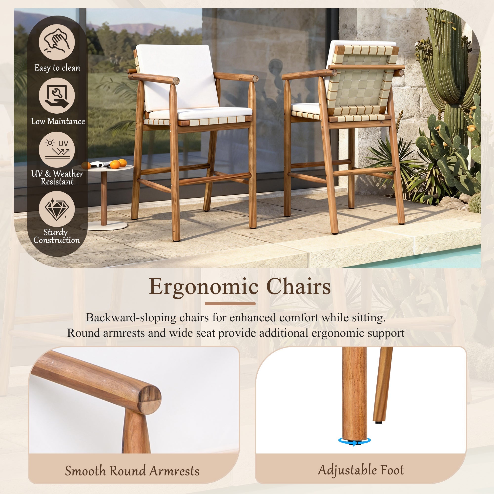 6 Piece Outdoor Bar Set with Acacia Wood Table & Cushioned Stools