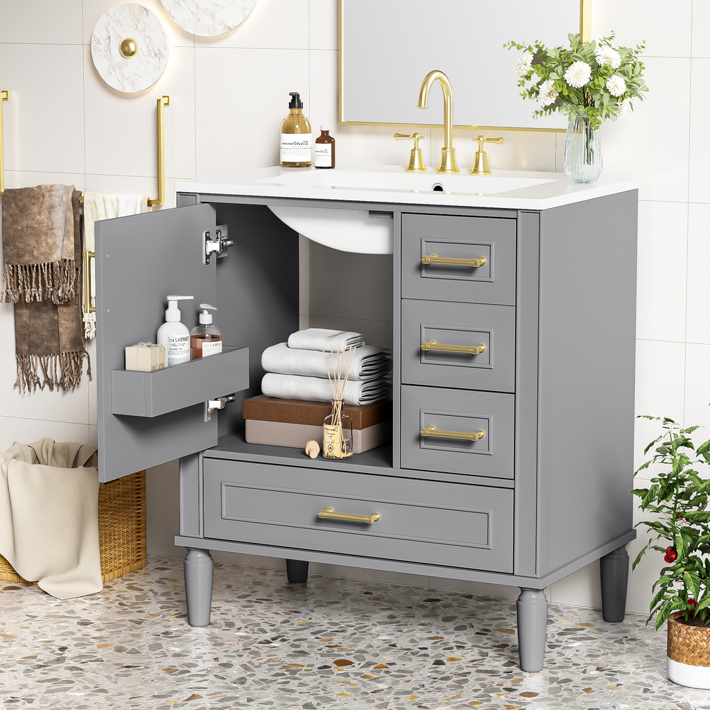 30" Bathroom Vanity with Ceramic Sink, Soft-Close Door and Ample Storage
