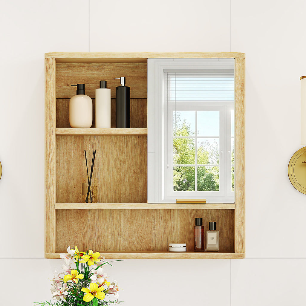 Natural Wood Finish Wall Mounted Mirror Cabinet