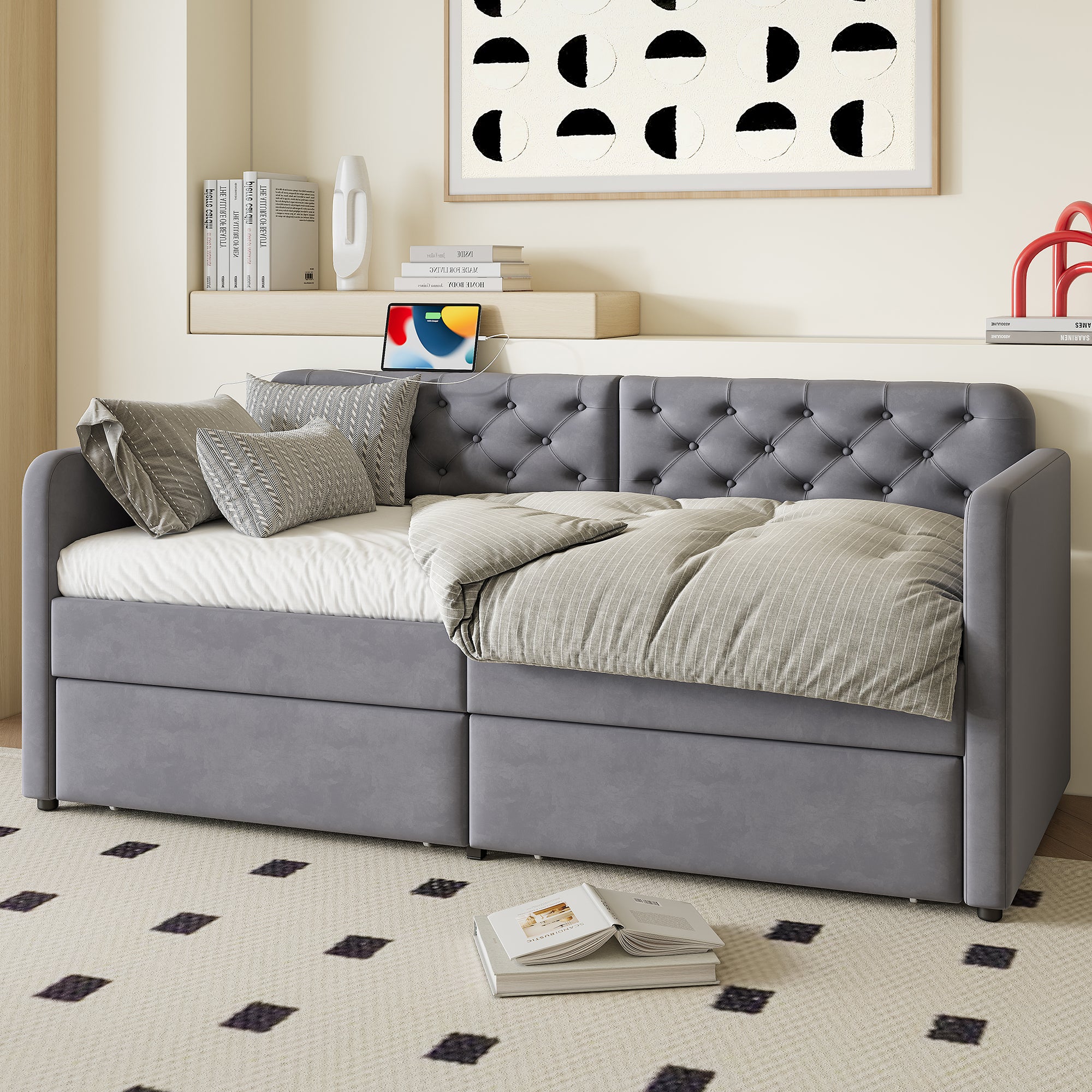 Twin Size Upholstered Daybed with Storage Drawers