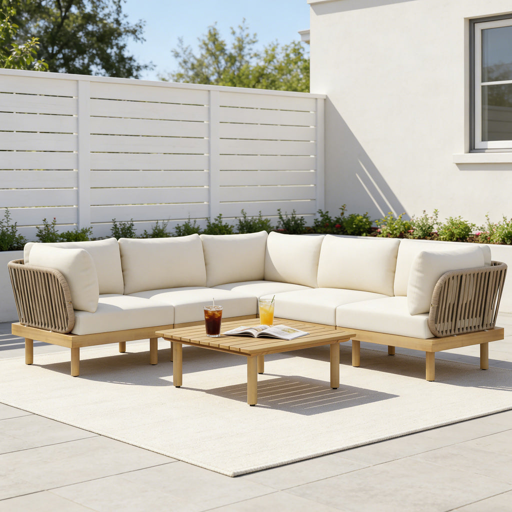 6-Piece Acacia Wood L-Shaped Modular Outdoor Sofa Set