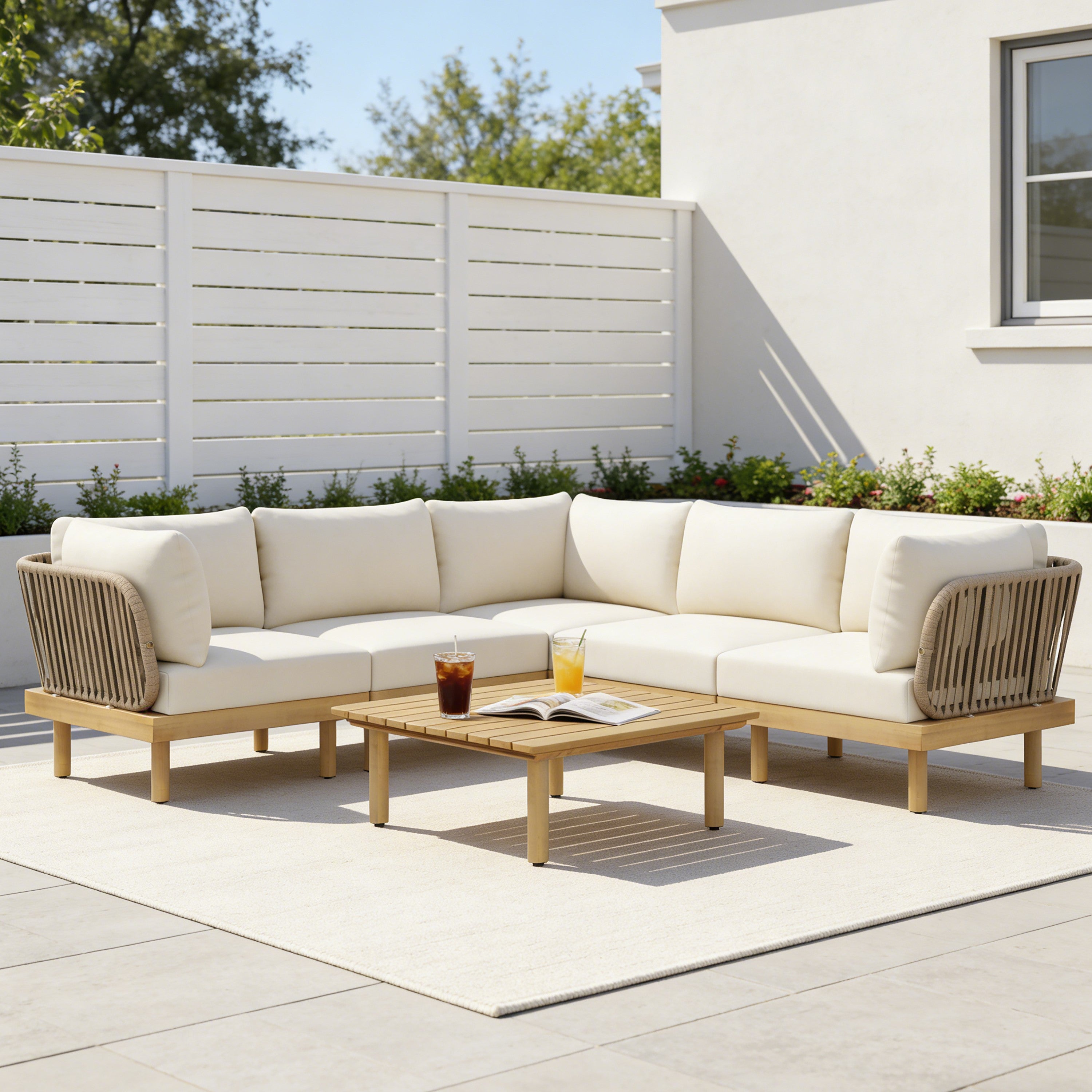6-Piece Acacia Wood L-Shaped Modular Outdoor Sofa Set