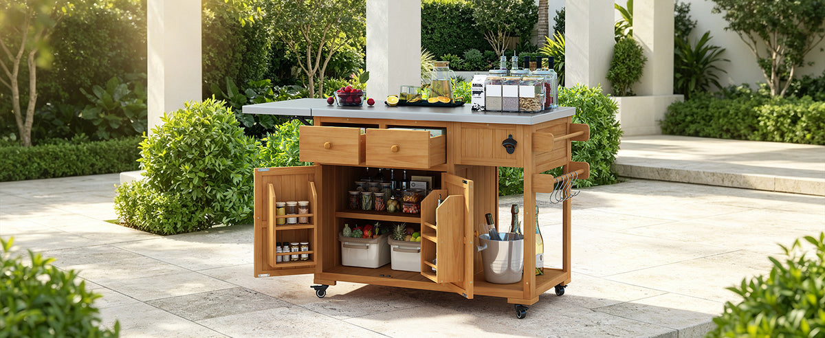 TOPMAX 59.9-Inch Outdoor Kitchen Cart, Solid Fir Wood with Extendable Stainless Steel Top, Natural