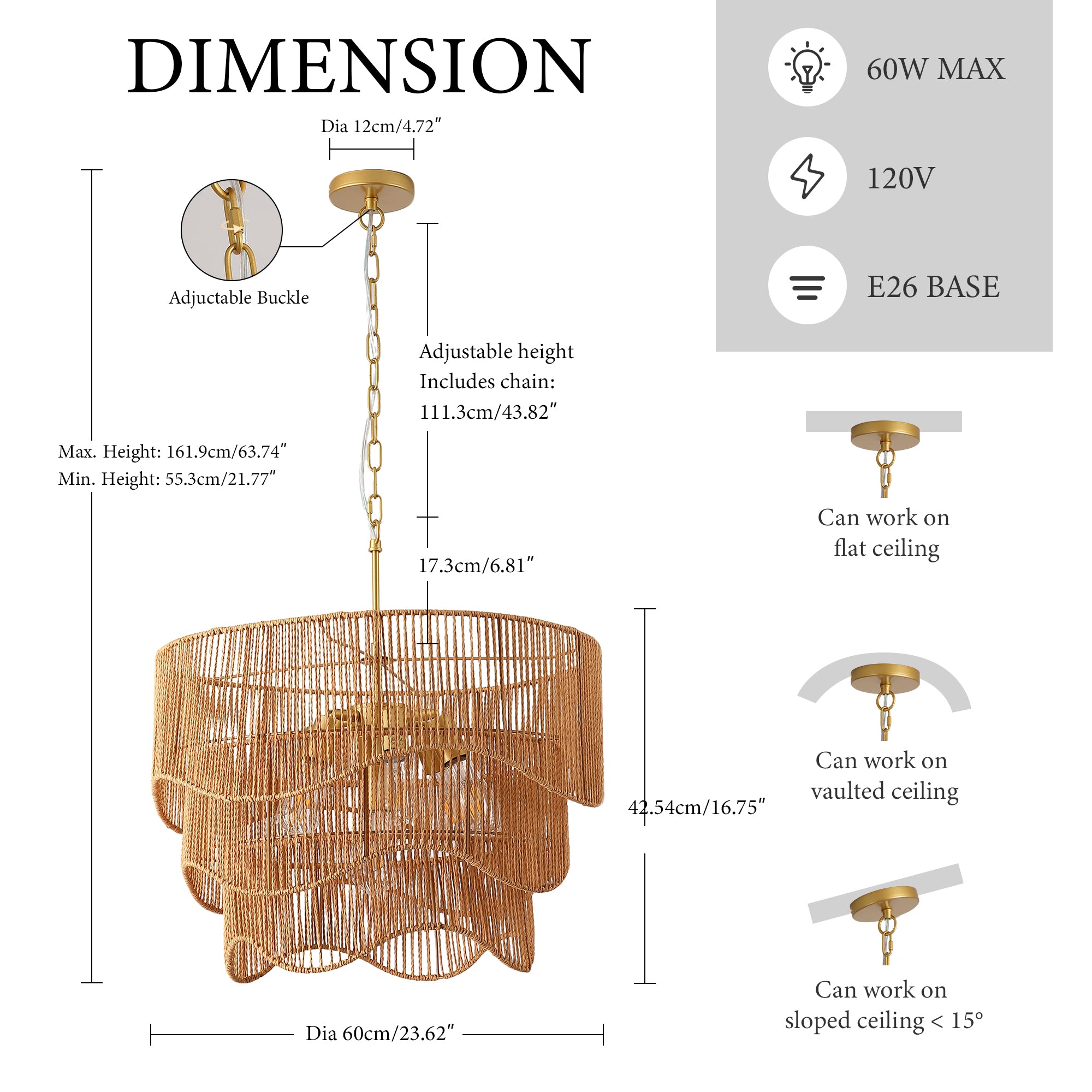 Handwoven Paper Rattan Boho Chandelier with Adjustable Height