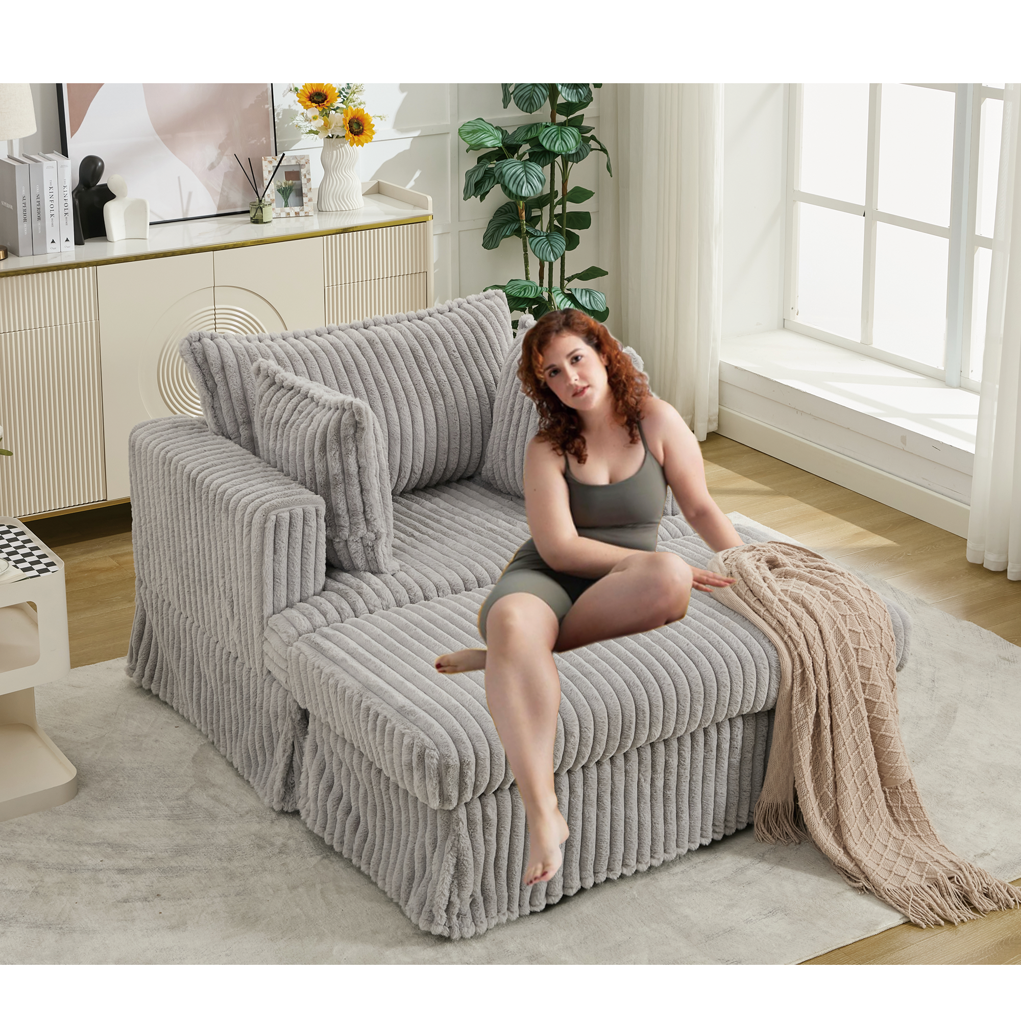 47.7" Oversized Corduroy Chaise Longue with Ottoman