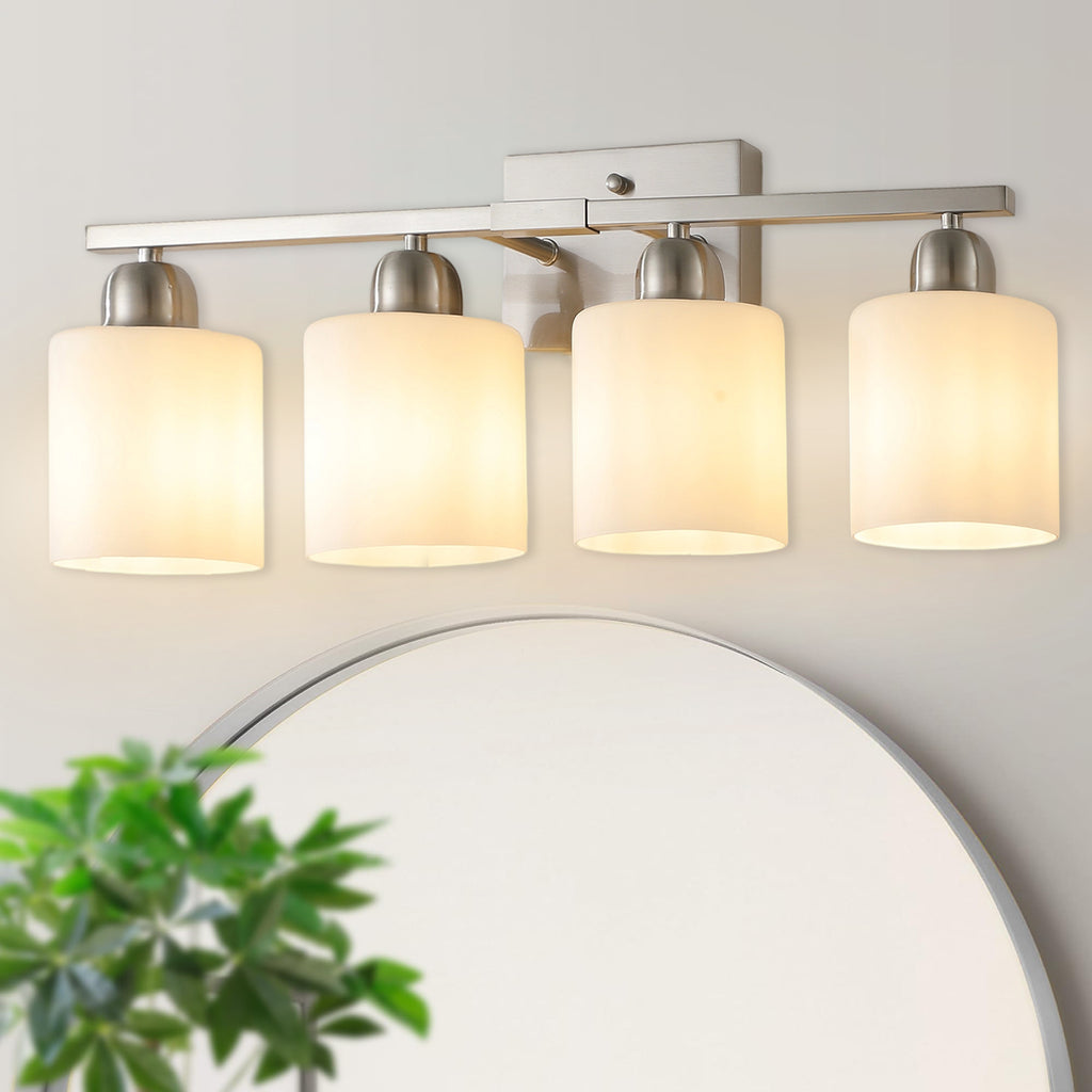 Modern 4-Light Bathroom Fixture with Nickel Finish and Milky