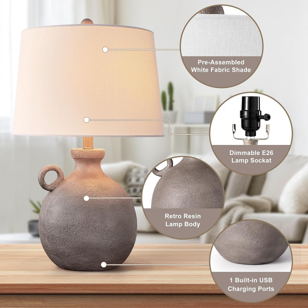 24-Inch Farmhouse Table Lamp, Resin Base, Brown, 3-Way Dimmable