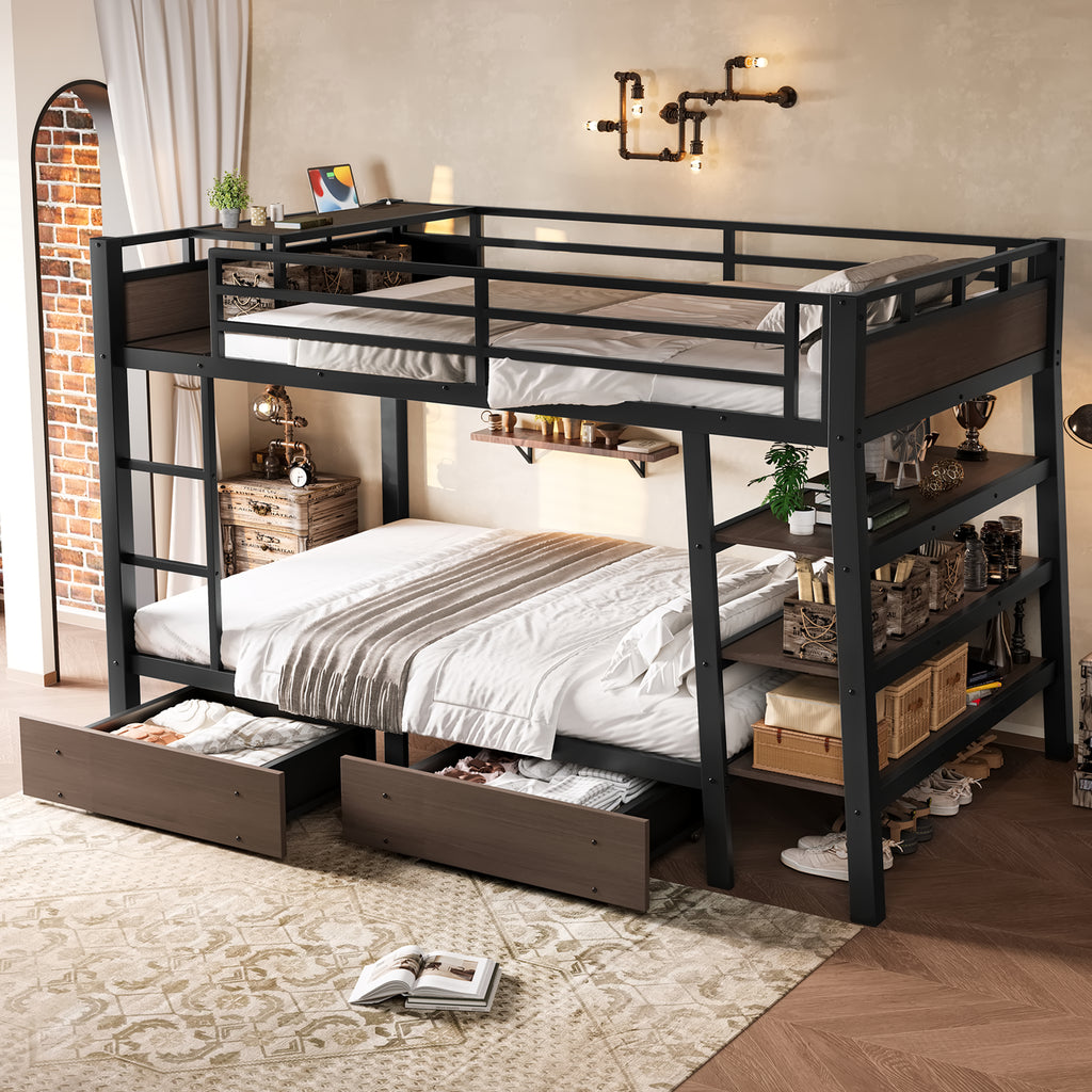 Full Size Metal Bunk Bed with Storage Shelves