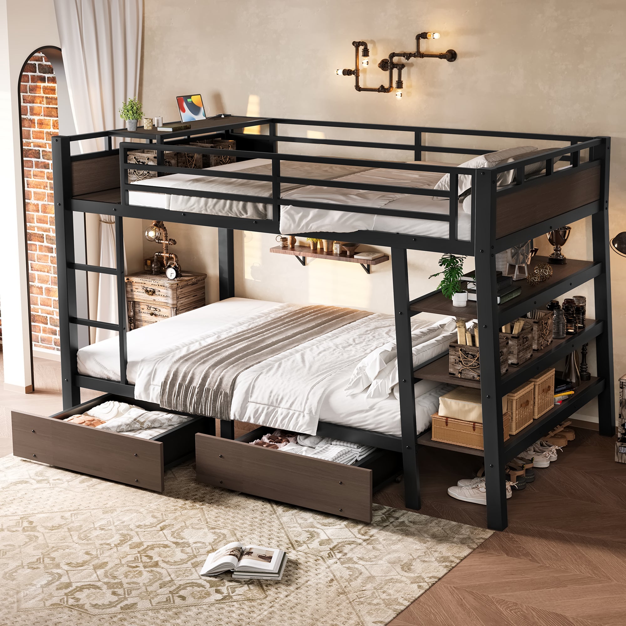 Full Size Metal Bunk Bed with Storage Shelves