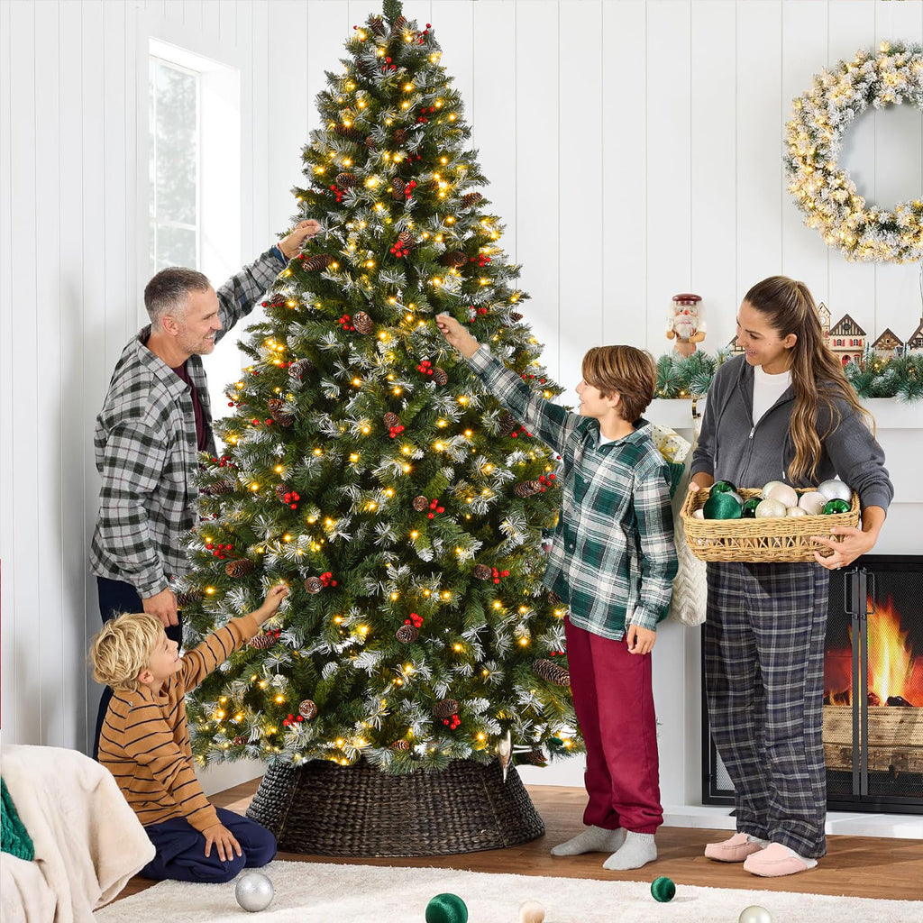9-Foot Pre-Lit Pre-Decorated Pine Artificial Christmas Tree with Frosted Tips and Pine Cones, Green