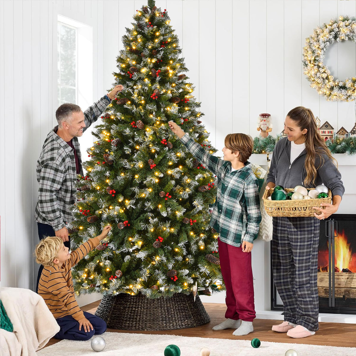 9-Foot Pre-Lit Pre-Decorated Pine Artificial Christmas Tree with Frosted Tips and Pine Cones, Green