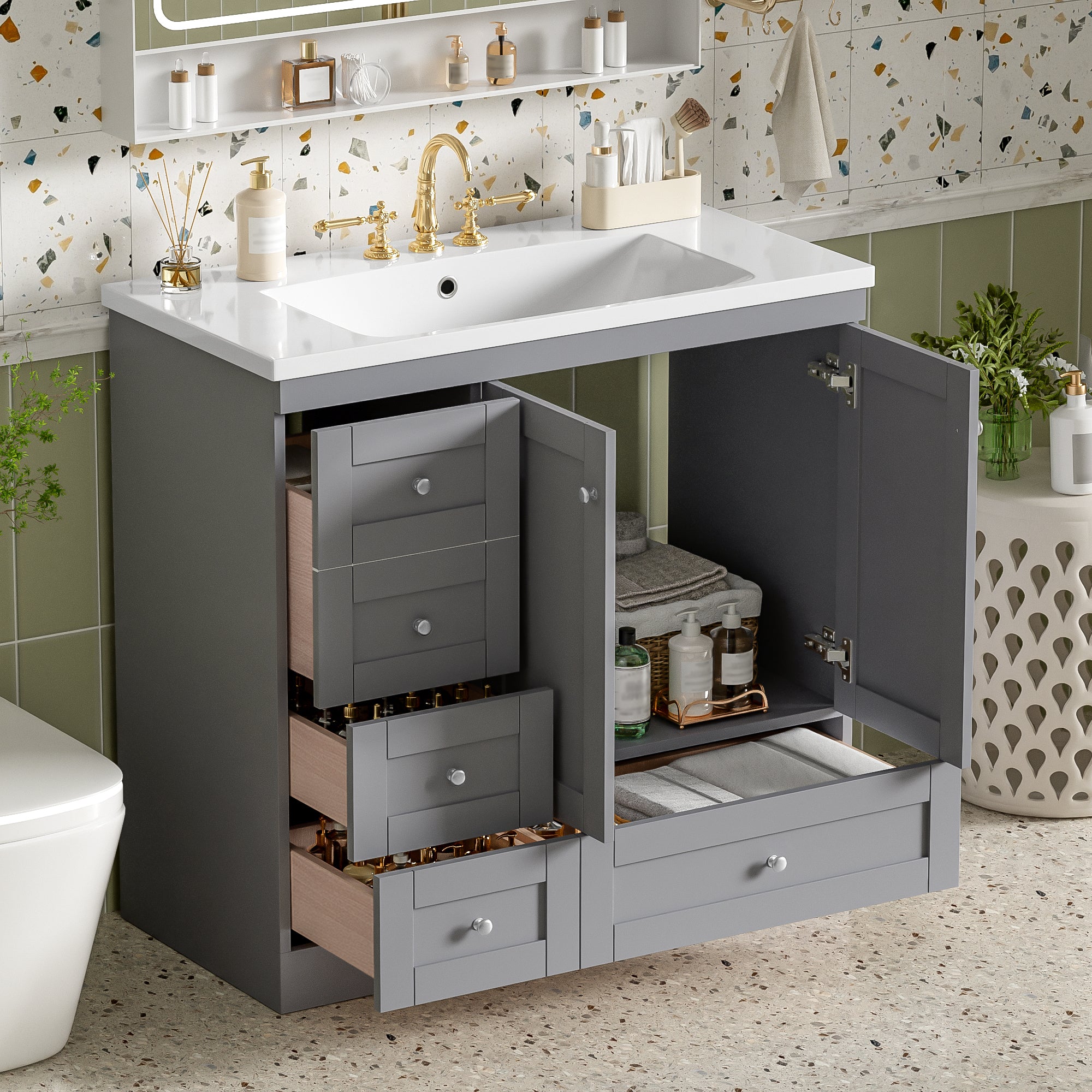36 Inch Shaker Style Free-Standing Bathroom Vanity Cabinet with Sink