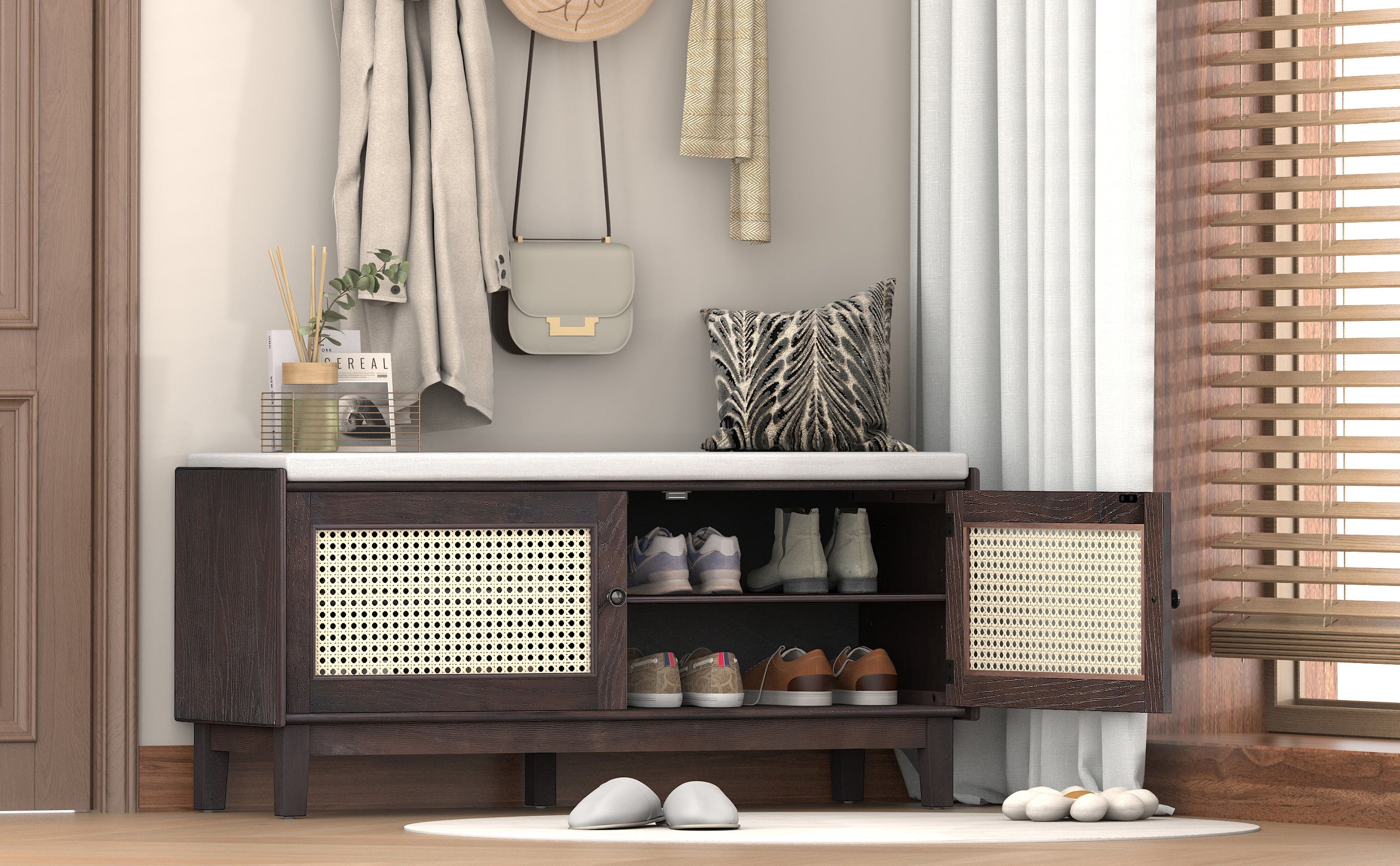 TREXM Boho Rattan Entryway Bench with Storage