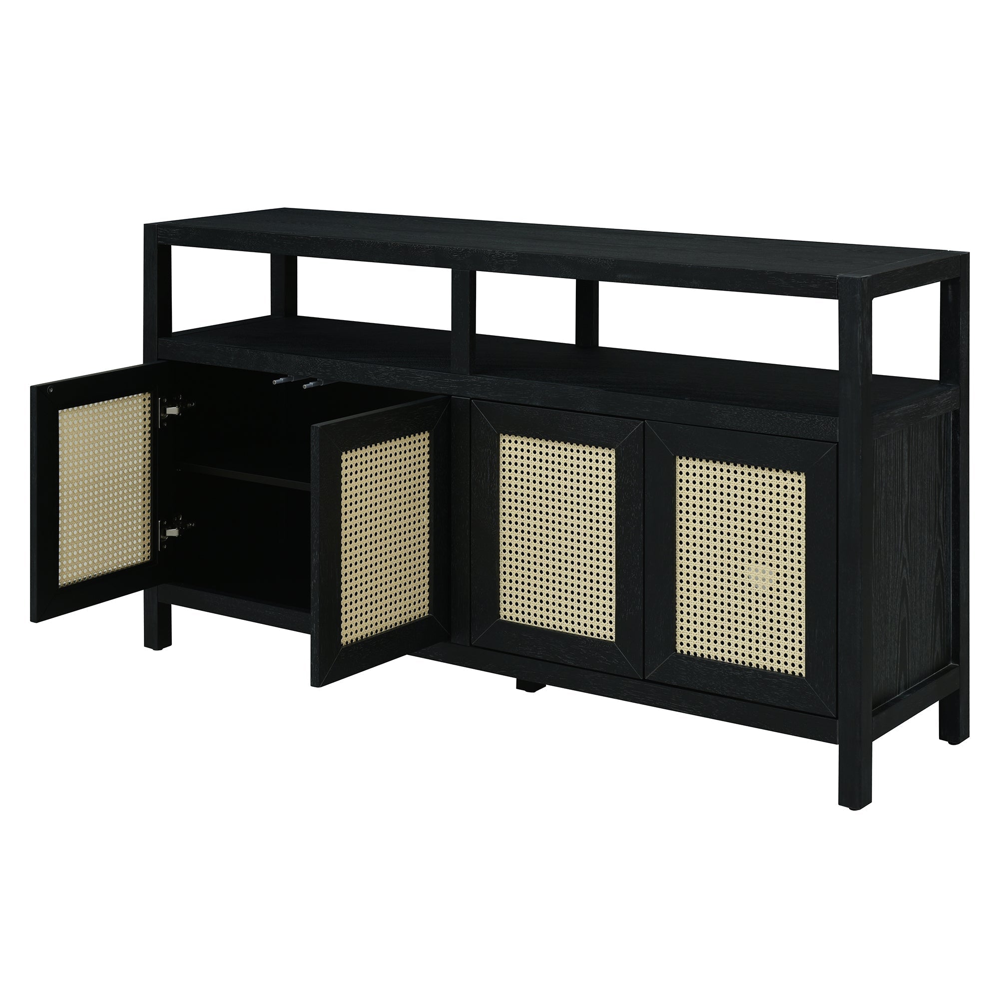 TREXM Bohemian Style Rattan Buffet Storage Cabinet with Solid Wood Frame