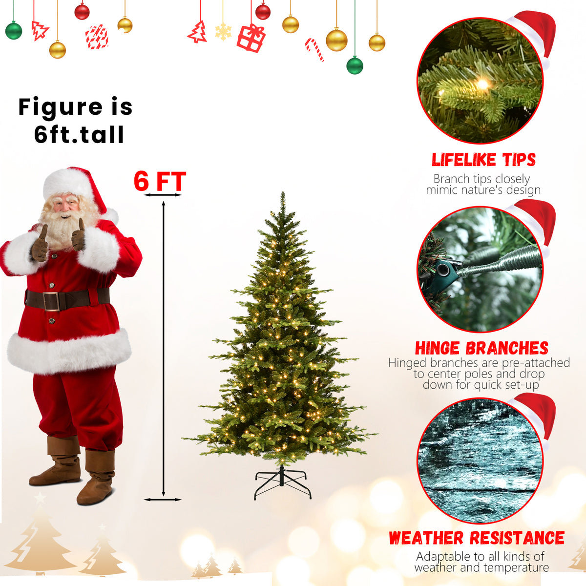 6-Foot Hinged Artificial Christmas Tree, 1608 Tips, 350 Warm White LED Lights