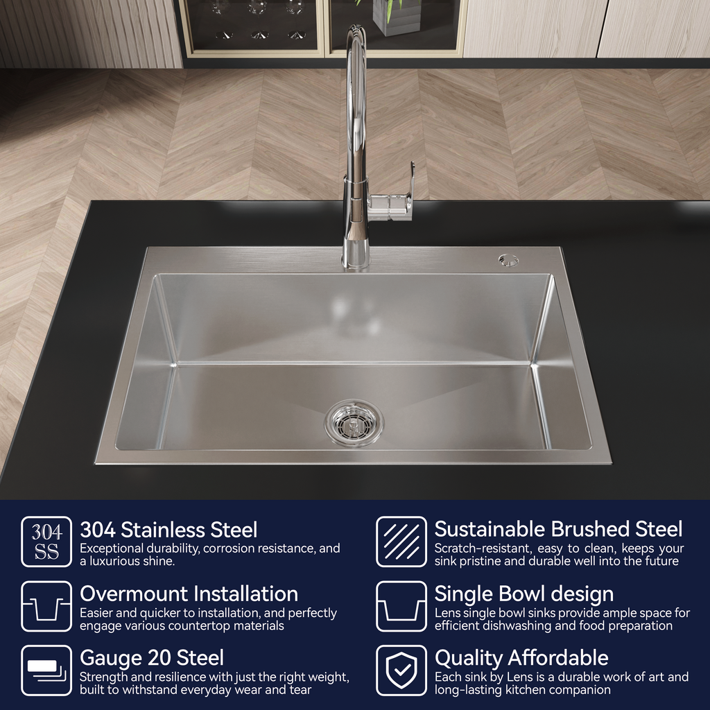 Stainless Steel Kitchen Sink, 30"x19" Single Bowl