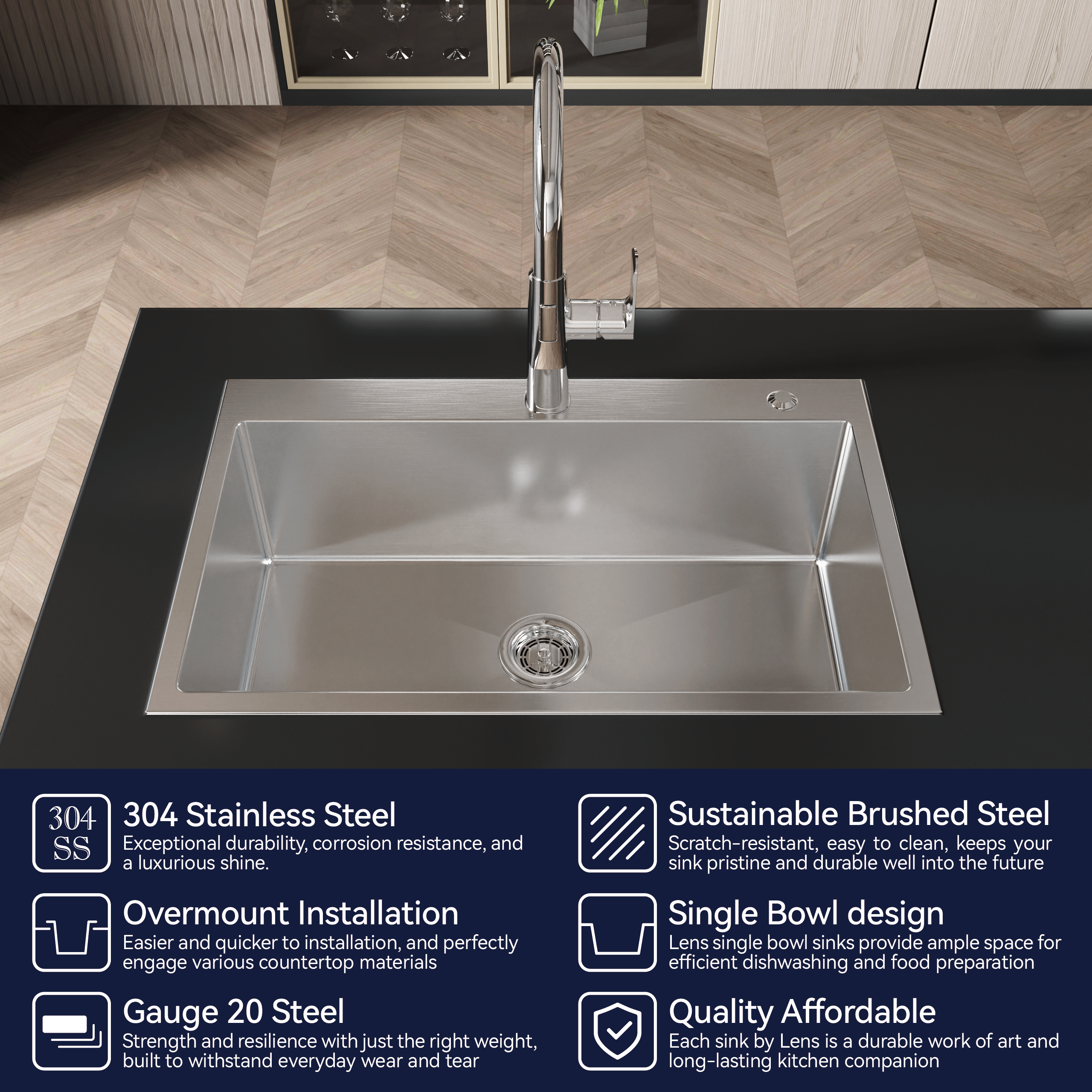 Stainless Steel Kitchen Sink, 30"x19" Single Bowl