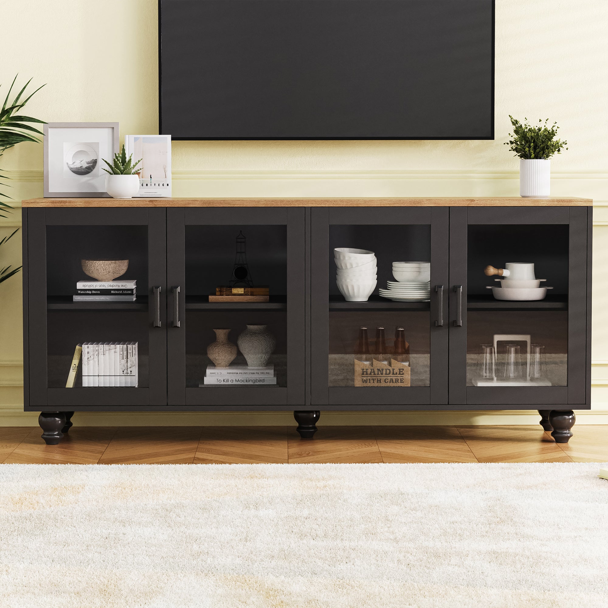 ON-TREND Farmhouse TV Stand with Tempered Glass Doors