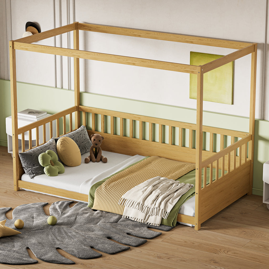 Twin Size Canopy Bed Frame with Guardrails for Kids