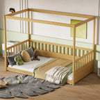Twin Size Canopy Bed Frame with Guardrails for Kids