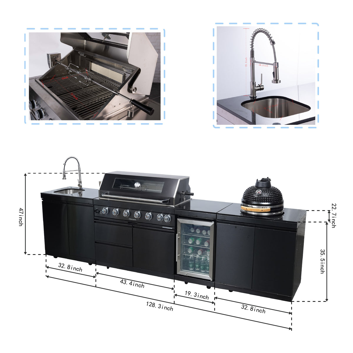 Black 128-Inch 85000-BTU Stainless Steel Gas Outdoor Kitchen Bar Barbecue Island Grill with Kamado grill ,Wine Cooler Compact Refrigerator Rotisserie Granite Countertops Storage Cabinets & Drawers