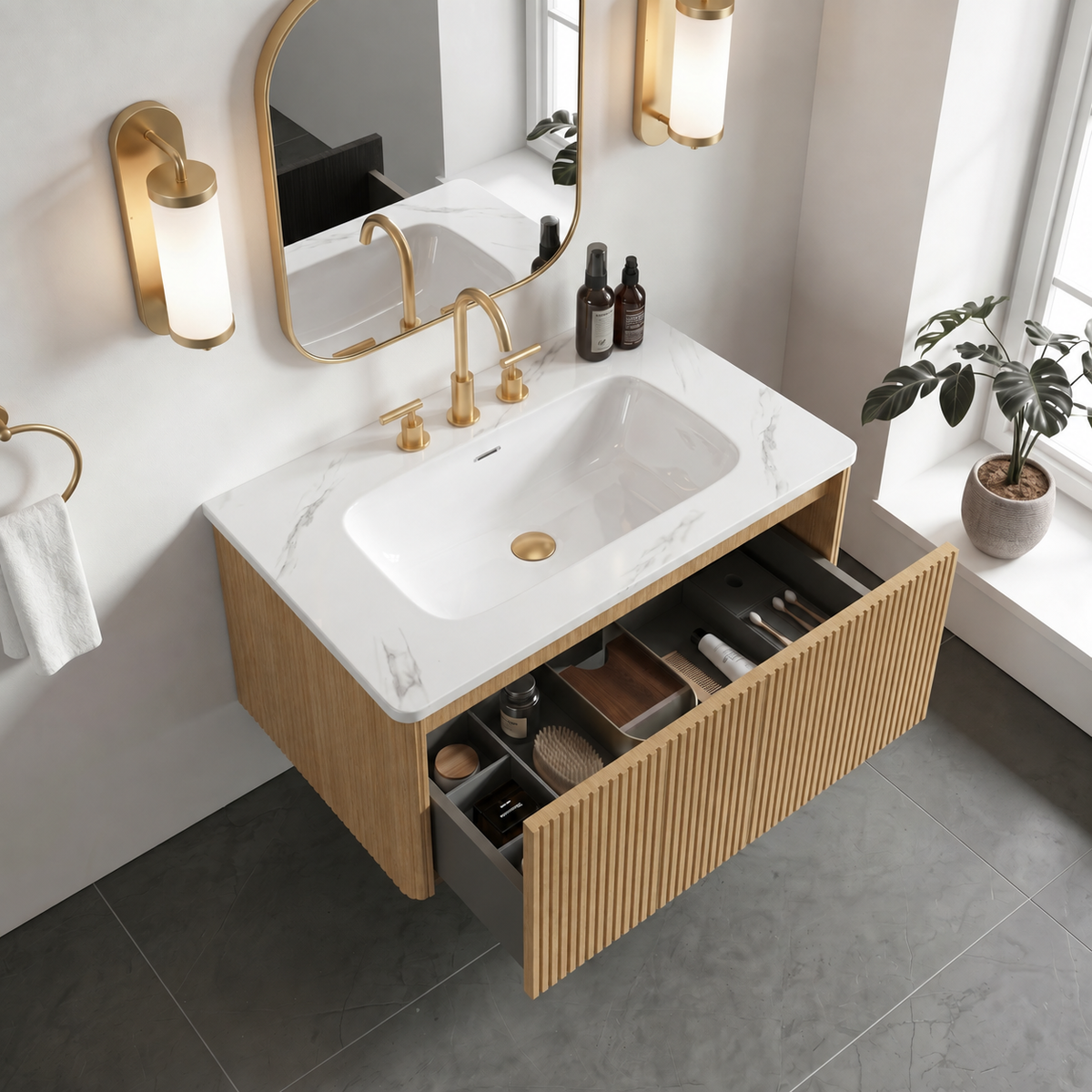 Etna 30-Inch Striped Light Oak Bathroom Vanity with Carrara White Ceramic Sink