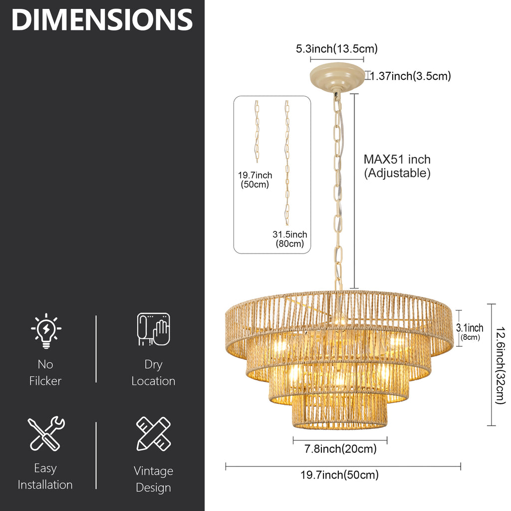 19.69" Tiered Glass Chandelier, 6-Light B12 Socket Pendant Light