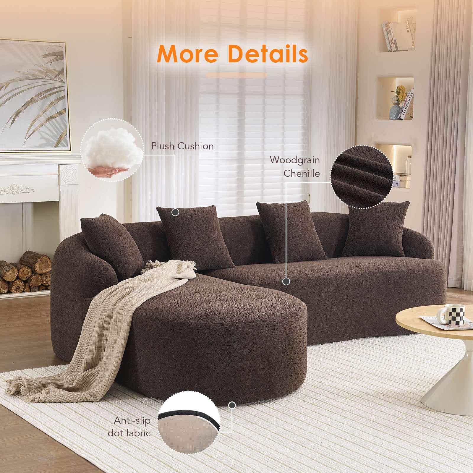 Compression Sponge L-Shape Sectional Sofa with Curved Chaise