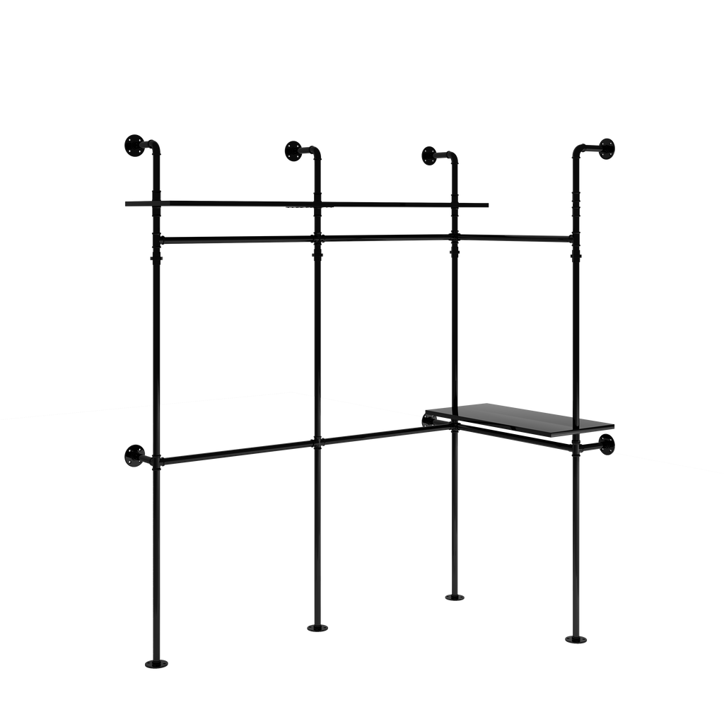 Industrial Pipe Clothing Rack with LED Lights & Shelves