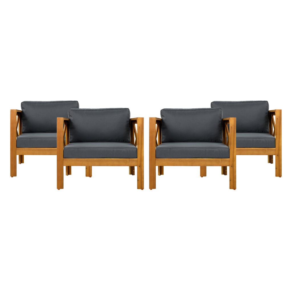 Outdoor Acacia Wood Club Wooden Armchair with Cushions (Set of 4)