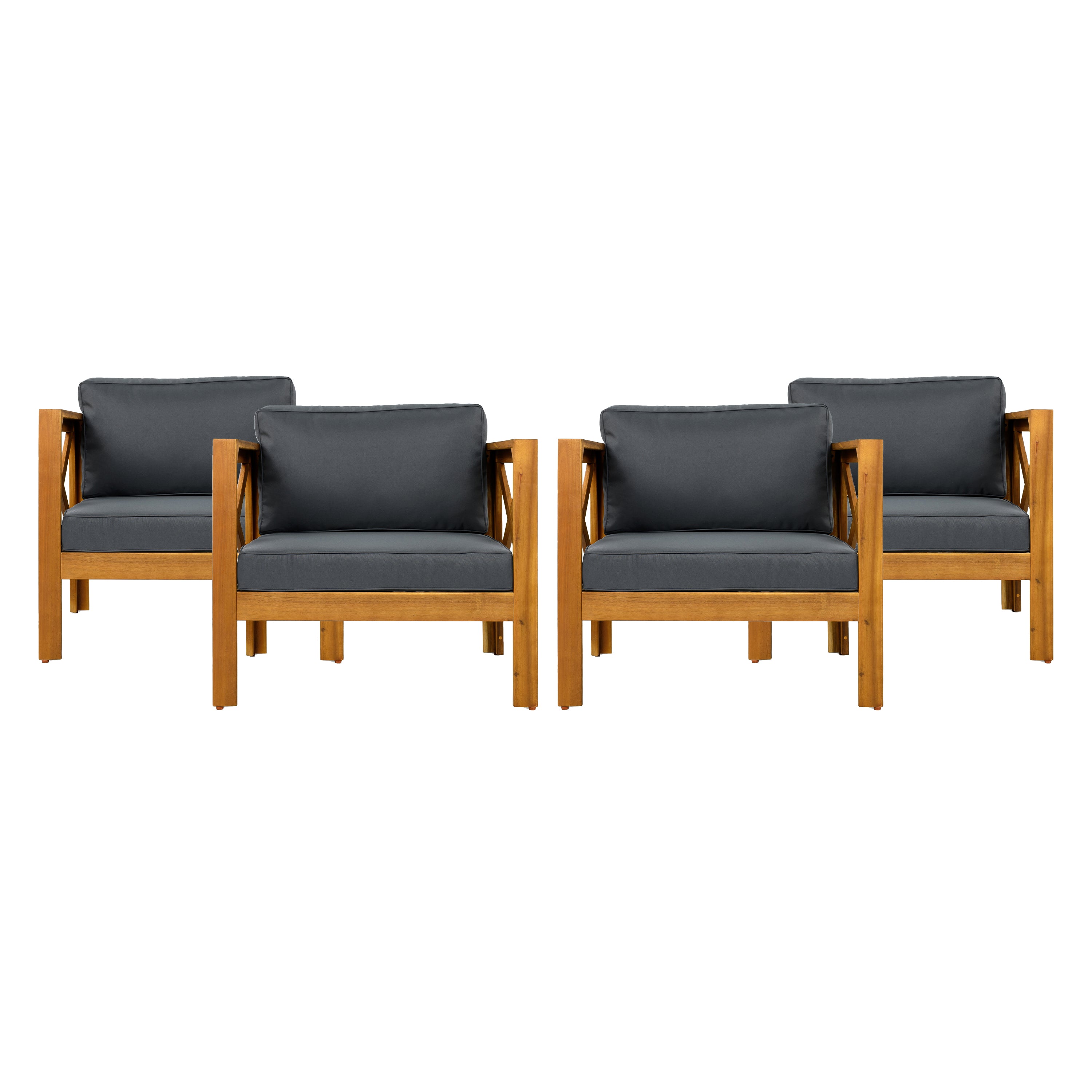 Outdoor Acacia Wood Club Wooden Armchair with Cushions (Set of 4)