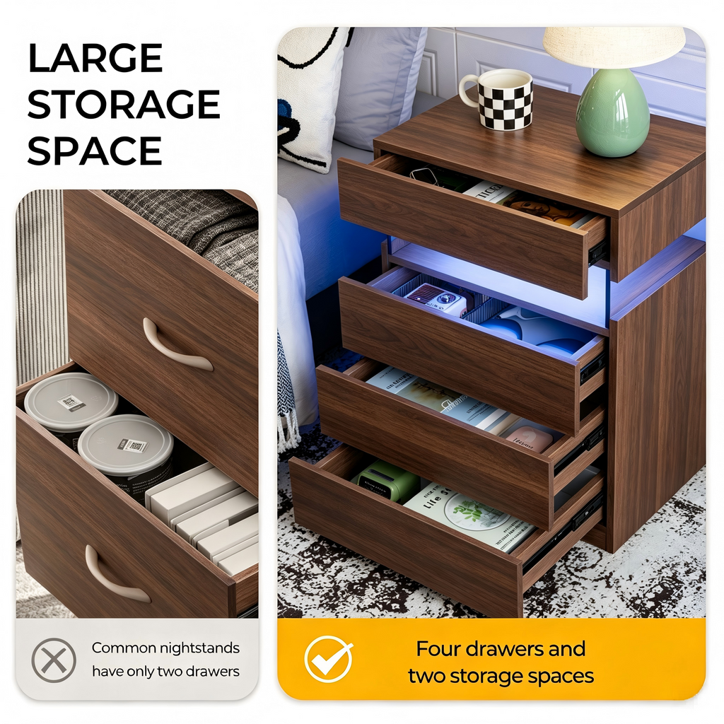 Nightstand with LED Lights and 4 Drawers
