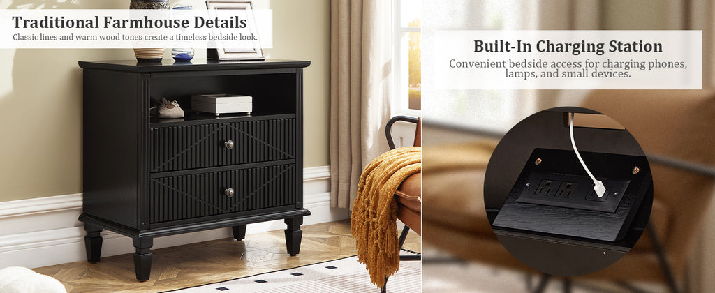 Farmhouse Nightstand with Charging Station, 2-Drawer Engineered Wood Storage Cabinet, Bedside Table for Bedroom