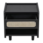 Black Nightstand with Rattan Detail
