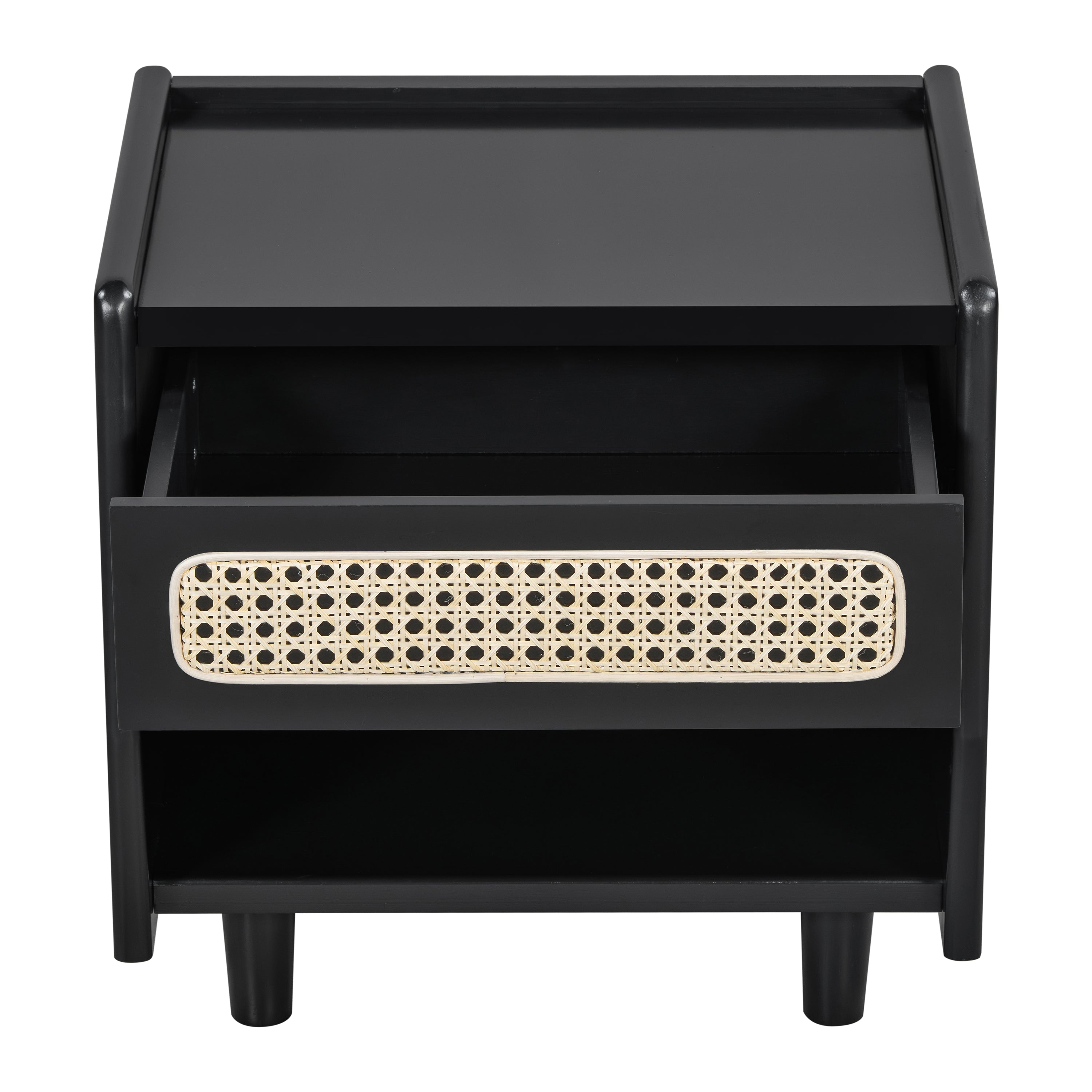 Black Nightstand with Rattan Detail