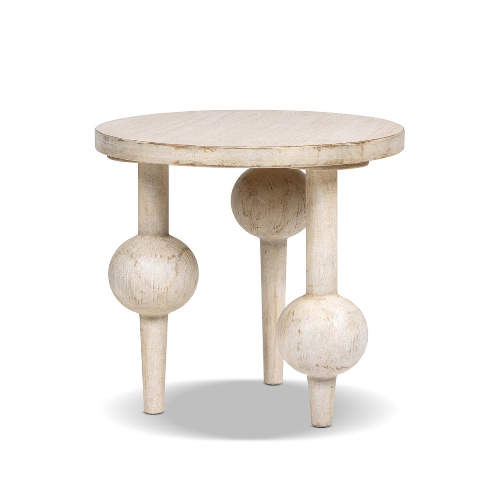 Odette 24-Inch Round Reclaimed Pine Wood Side Table, Natural Whitewash