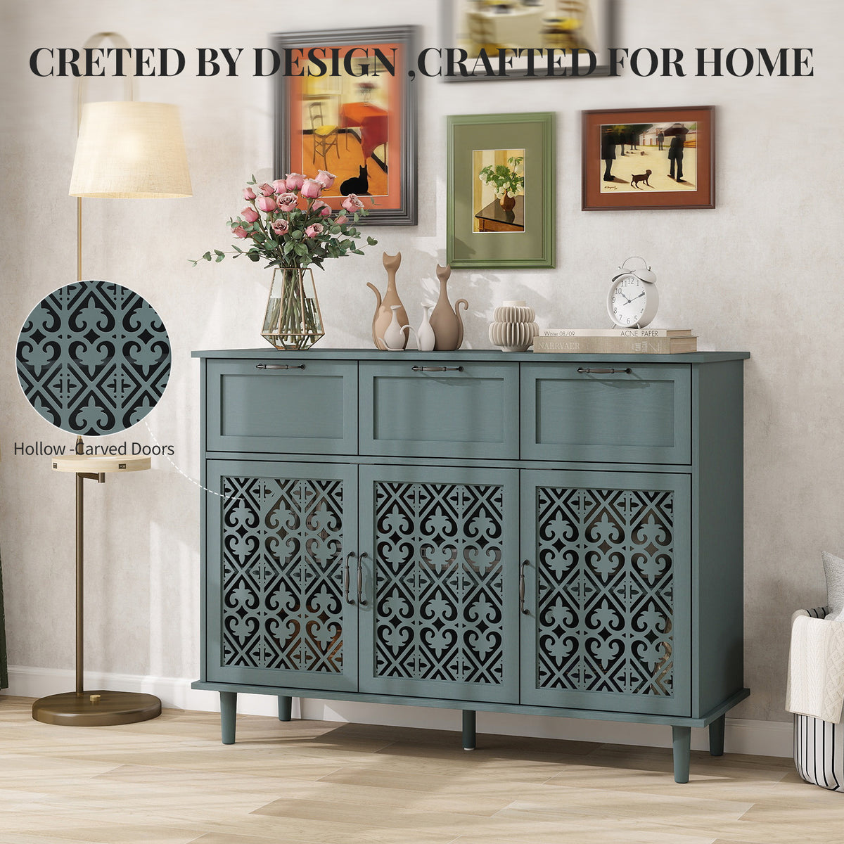 3 Door 3 Drawer Cabinet, Dark Green, 47-Inch Wide