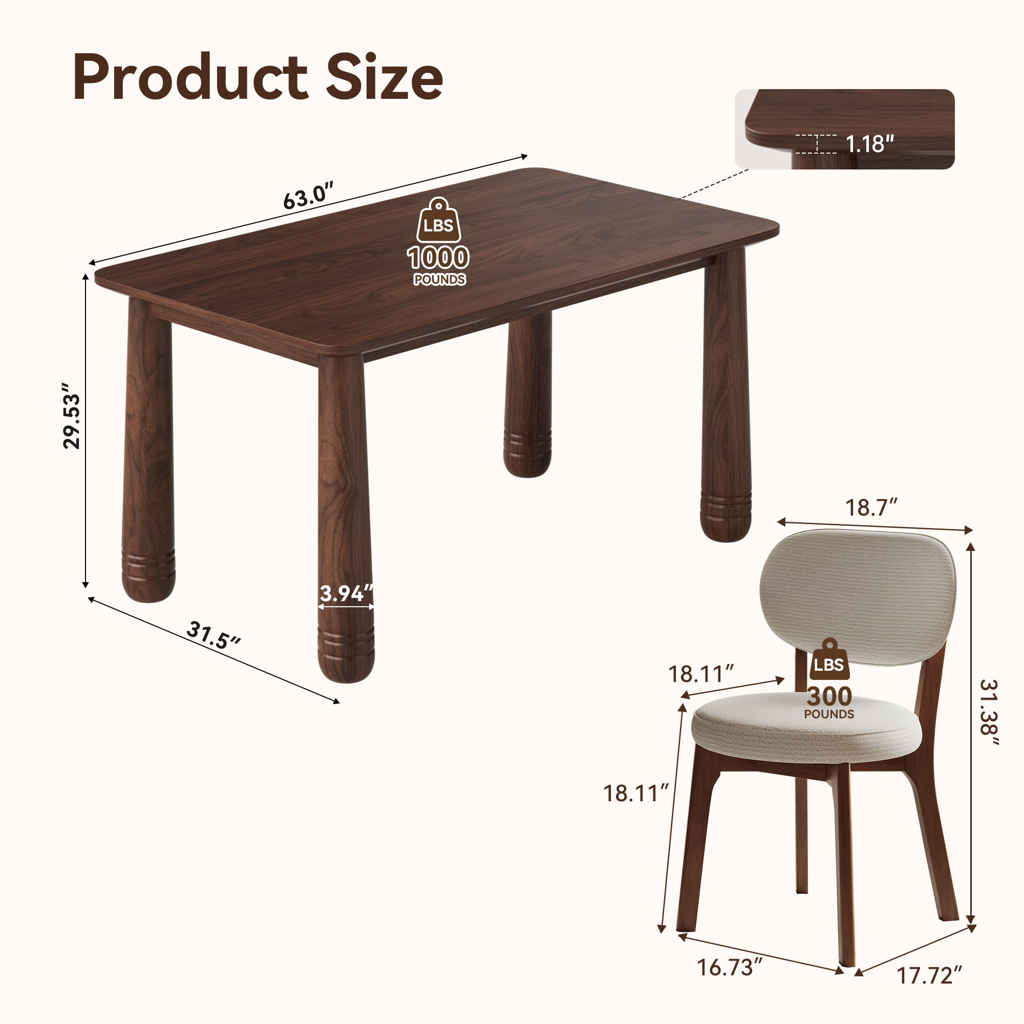 63" Solid Wood Dining Table Set with 4 Upholstered Chairs