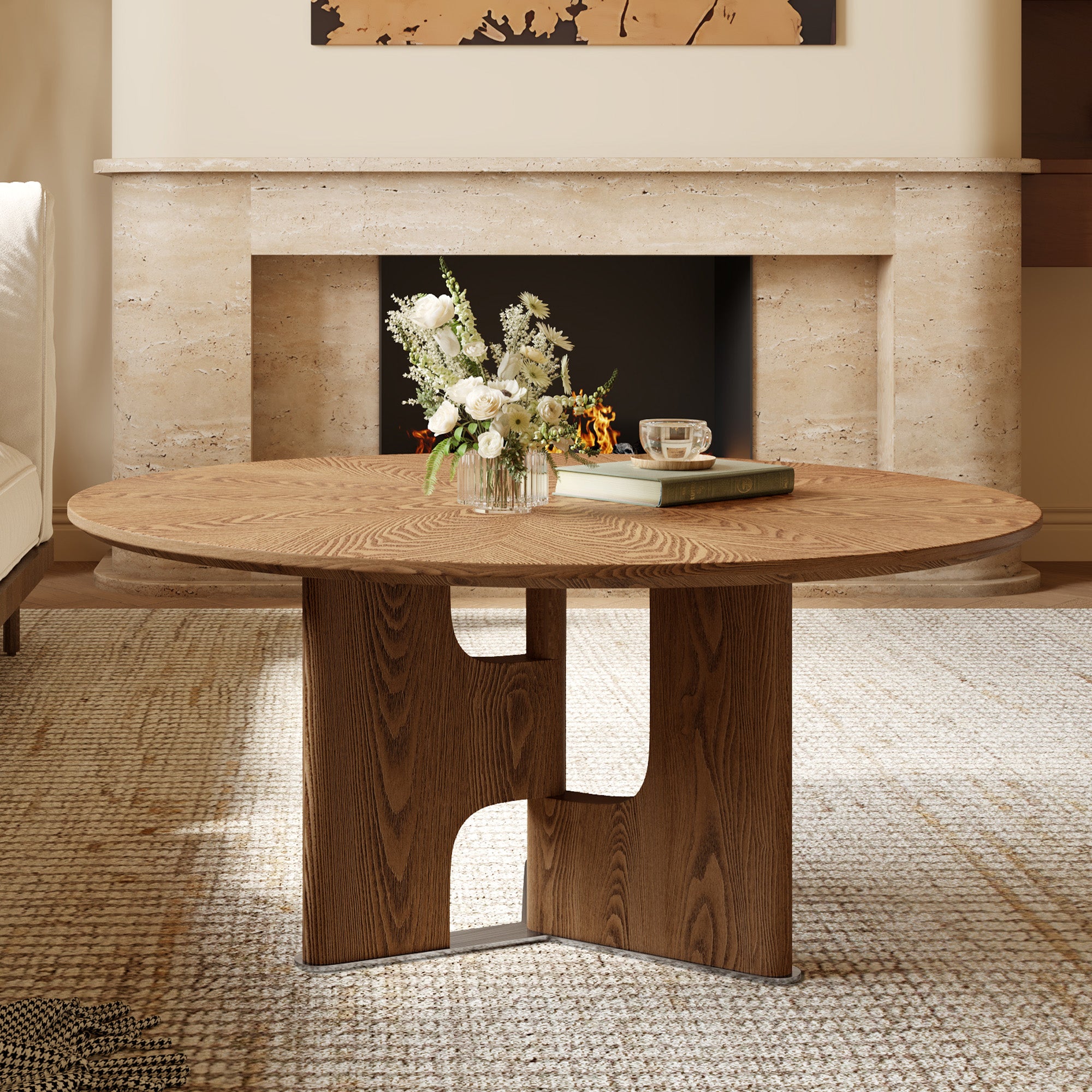 31.5 Inches Round Rustic Ash Wood Veneer Coffee Table